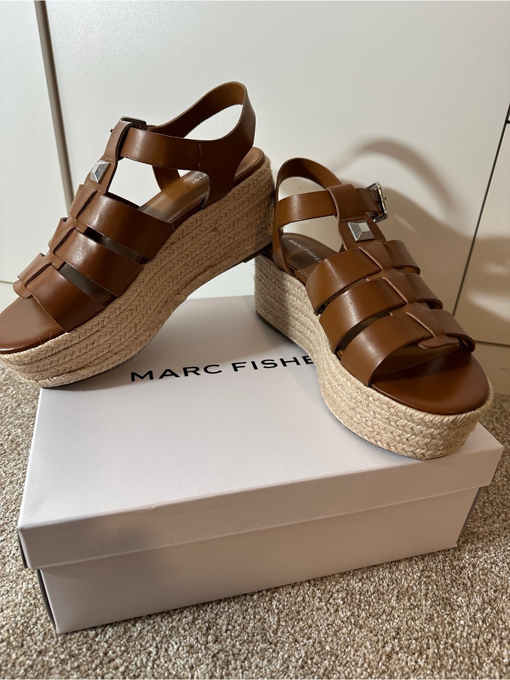 Marc Fisher Tan Brown Leather Espadrille Wedge Sandals